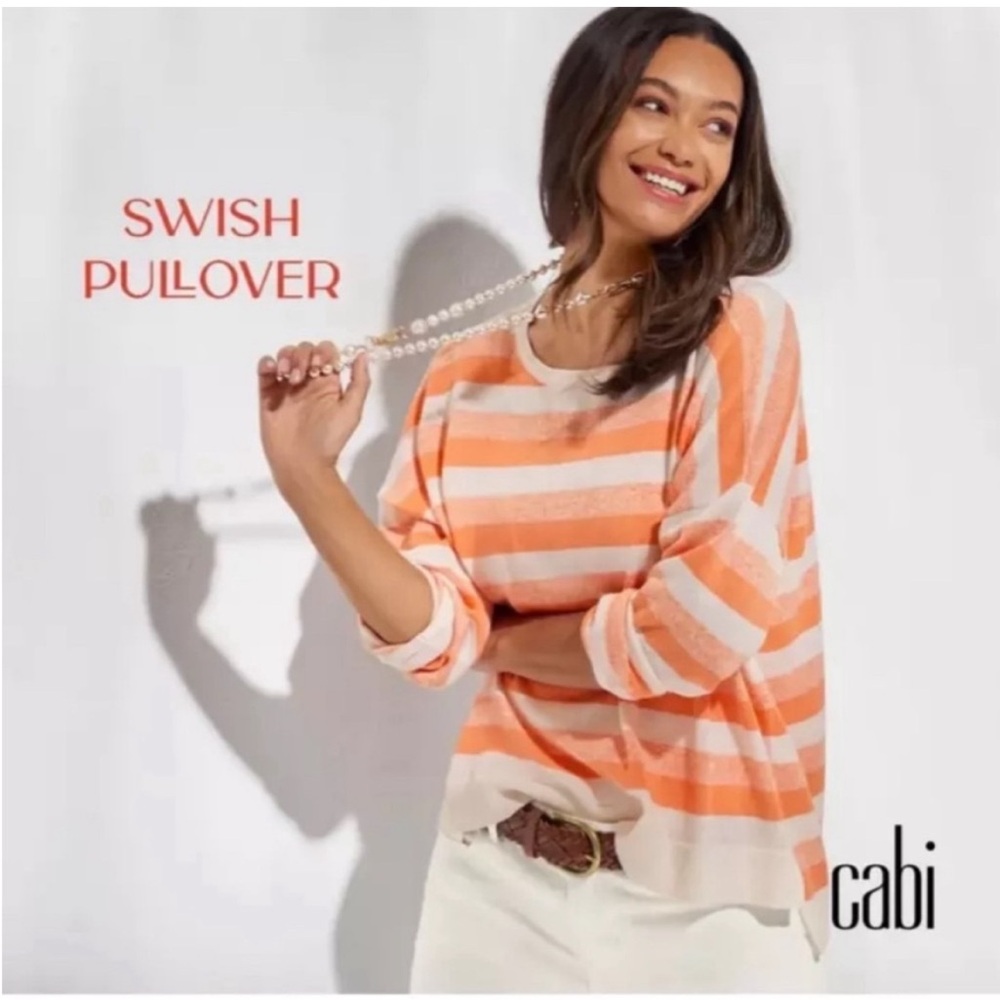 CAbi Swish Pullover Sweater‎ Small 6179 Linen Blend Boxy Crew Neck Orange White
